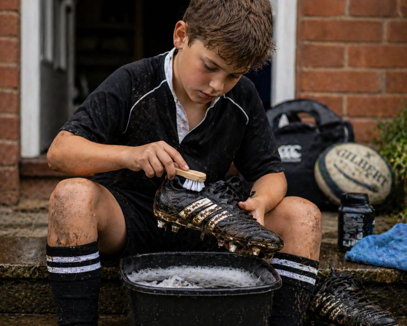 Boy cleaning boots
